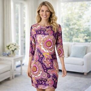 Jude Connally Dress Womens Size M Pink Paisley Jersey Mod 3/4 Sleeve Sheath 0710